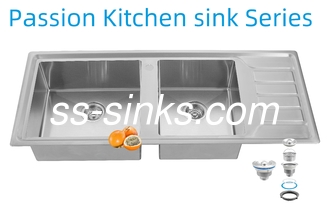 12050 হস্তনির্মিত রান্নাঘর স্টেইনলেস স্টীল ডাবল বোল সিঙ্ক ড্রেনবোর্ড সহ