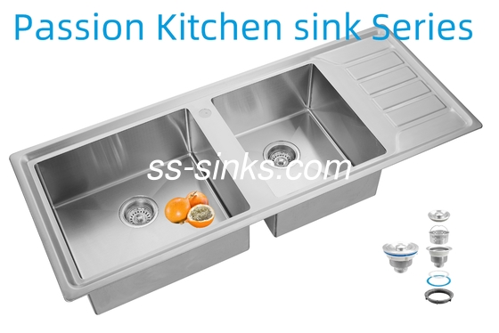 12050 হস্তনির্মিত রান্নাঘর স্টেইনলেস স্টীল ডাবল বোল সিঙ্ক ড্রেনবোর্ড সহ