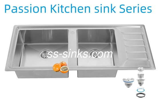 12050 হস্তনির্মিত রান্নাঘর স্টেইনলেস স্টীল ডাবল বোল সিঙ্ক ড্রেনবোর্ড সহ